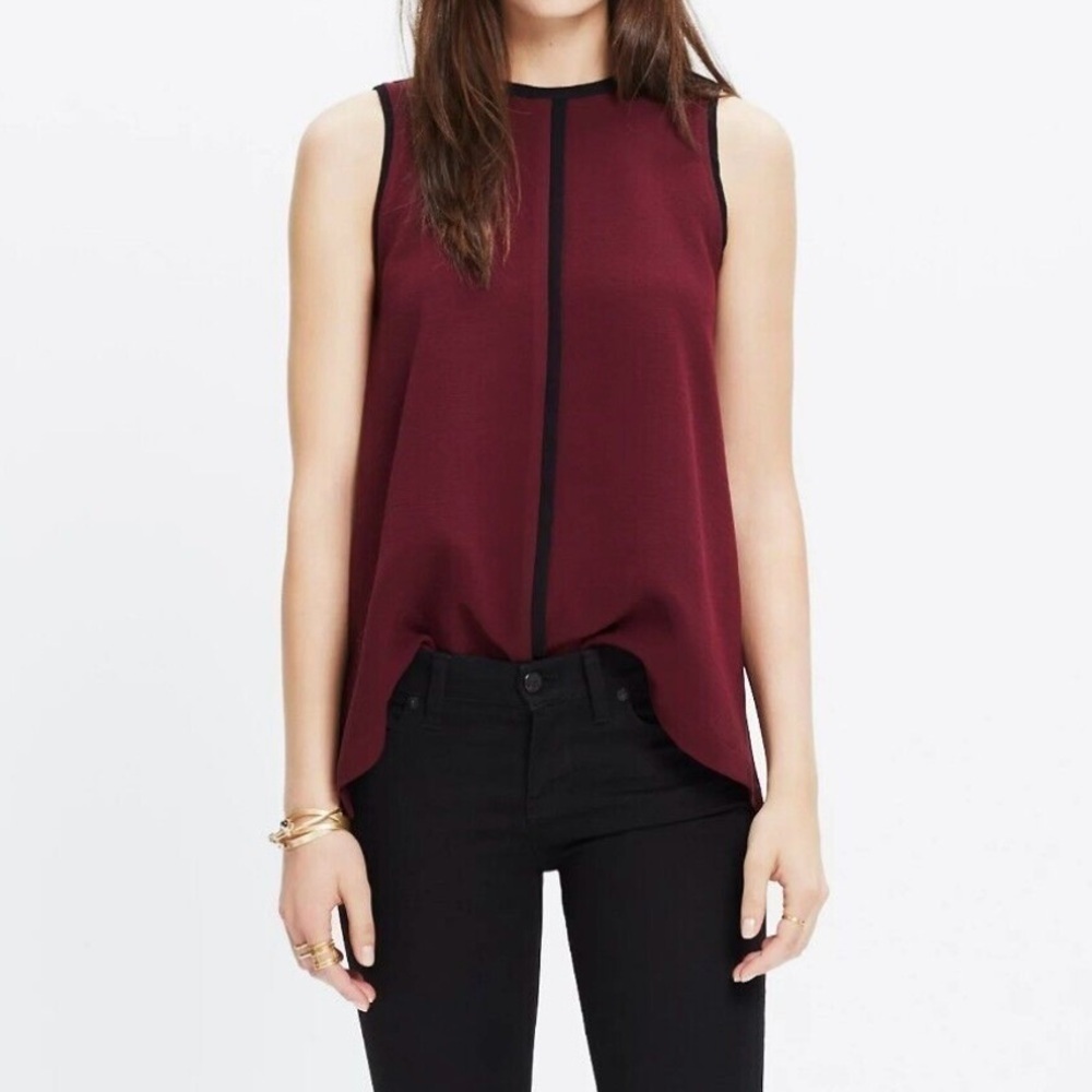 MADEWELL Women’s Burgundy Crepe CANAL Sleeveless Blouse A Line Black Trim Sz XS